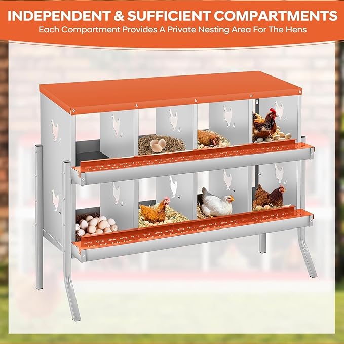 8-Hole Chicken Nesting Box, Rustproof Galvanized Steel, Wall-Mounted Metal Laying Box for Hens, Easy Egg Collection & Cleaning, Roll Away Nest Boxes - Orange