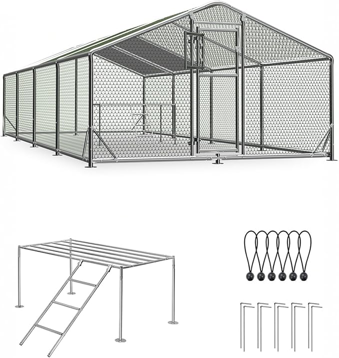 10x26FT Metal Chicken Coop, Dutch Door Chicken Run with Chicken Perch, Cover and Hardware Cloth, Walk in Duck Pen for Backyard Poultry and Pet Farming