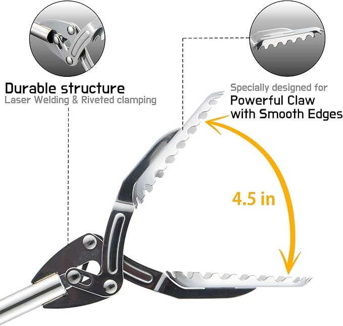 FTH All Stainless Steel Grabber Reacher Pickup Tool Heavy Duty Trash Picker Log BBQ Fireplace pits Snake Tongs