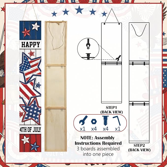 47" Large 4th of July Front Porch Sign Patriotic Wooden Vertical Door Sign with American Flag Colors Red White Blue Outdoor Decor for Independence Day 250th Anniversary Home Entryway