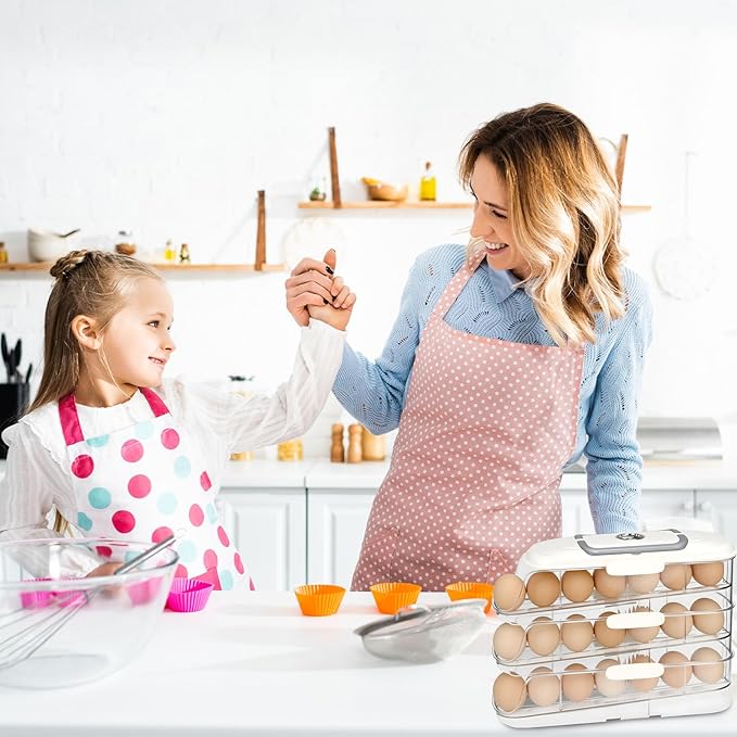 Egg Dispenser for Refrigerator, 3-Layer Clear Plastic Egg Holder Adopt Transparent PET Material & Hidden Handle Design – Egg Organizer for Refrigerator with Cover Lock Buckle (Capacity for 21 Eggs)