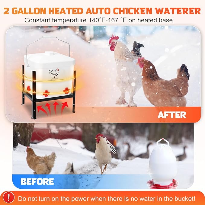 2 Gallon Heated Chicken Waterer Winter Anti-Freezing Automatic Chicken Watering System,Adsjustable Height Poultry Water Dispenser Heating Waterer 9 in x 6.8in x 8.4in