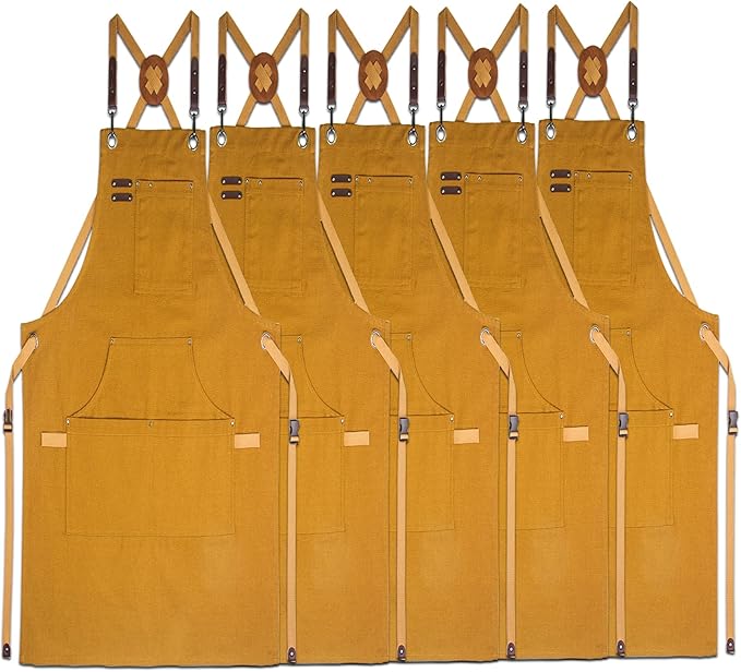 5 Pack Kitchen Aprons, Work Apron, Canvas, Multiple Pockets, Gardening, Painting, BBQ, Artist, Carpenter, Sizes M to XXL, Khaki