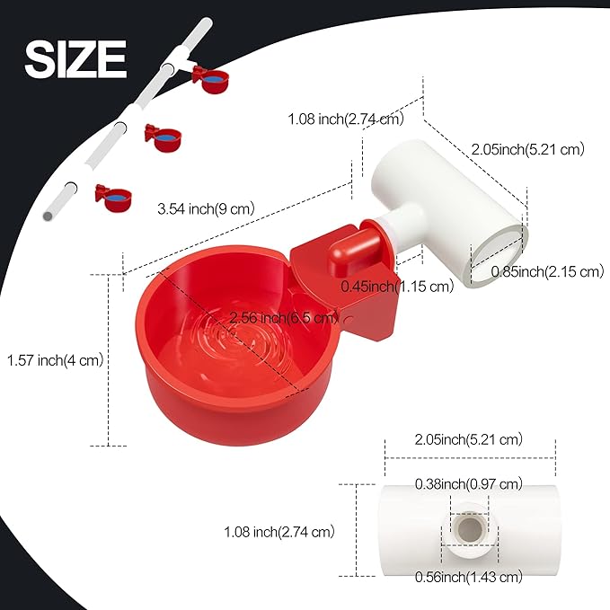 Chicken Waterer 4 Pack,Automatic Chicken Water Cup and 1/2" PVC Tee Fittings,Large Auto-Fill Chicken Waterer Cups,DIY Chicken Water Feeder, Coop Water Dispenser,Poultry Waterer Feeder Kit