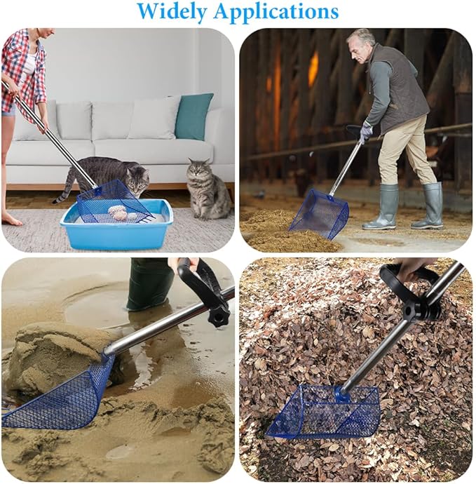 Kaleky 2-in-1 Heavy Duty Chicken Coop Rake and Scooper, 15 Inch Metal Chicken Cleaning Shovel with Adjustable Stainless Steel Handle (25 to 73 Inch) for Sand, Coops, Litter Cleaning (Blue)