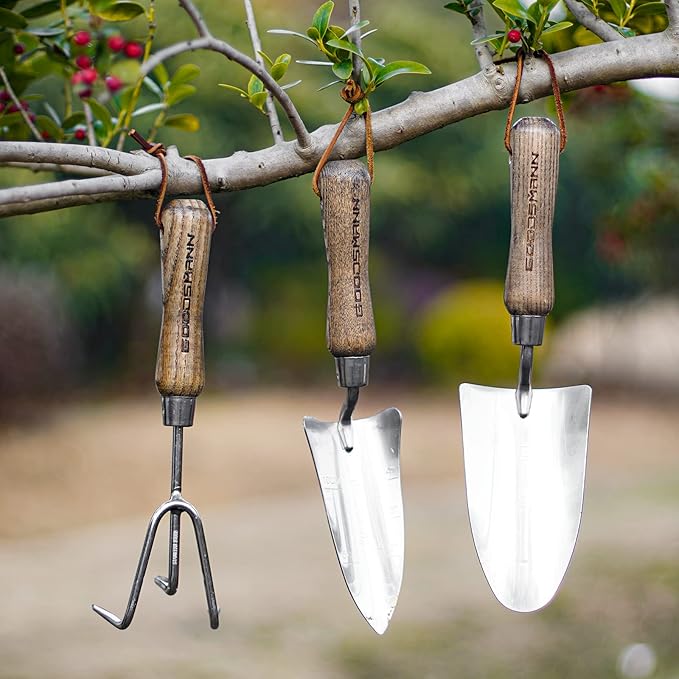 GOODSMANN Garden Tools Set, 3 Piece Stainless Steel Gardening Kit, Hand Trowel, Marker Measurements Transplanter and Cultivator Garden Hand Shovel for Digging Weeding Planting Turning Soil
