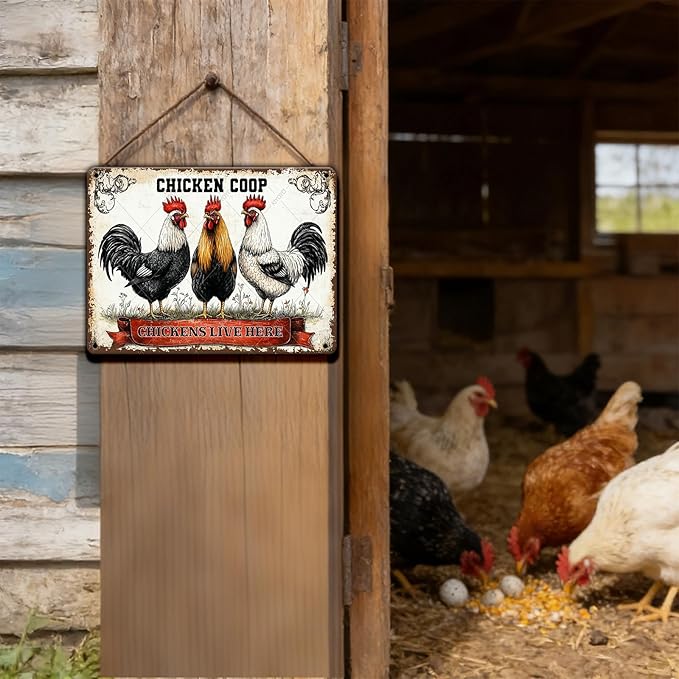 Funny Metal Tin Sign Chicken Coop Chickens Live Here Decoe for Farm Kitchen Garden Gift Metal Wall Art Rooster Hen Indoors or Outdoors 16x12 Inch