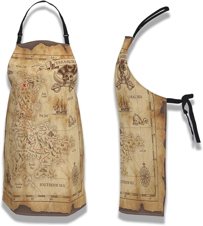 Baking Apron for Women Pirate Treasure Map Fun Aprons for Men for Kitchen Cooking Restaurant BBQ Painting Crafting 27” (W) x 31” (H), Waterproof Aprons