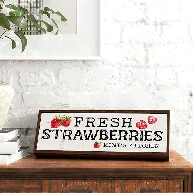 Mimi's Kitchen Wood Sign, Fresh Strawberries Sign, Country Style Wall Decor, Framed Wooden Hanging Signs, Kitchen Wall Art, Gift for Mimi Grandma 9.5x3.1x1 inches