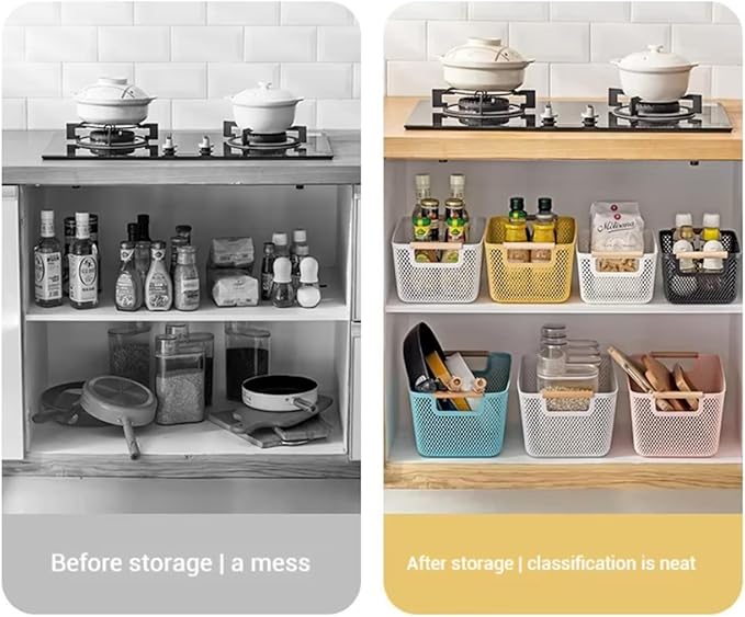 Metal Mesh Steel Basket, Large Wire Storage Organizer Basket Multi-function Hanging Kitchen Baskets with Wood Handle for Kitchen Bathroom Picnic Home, Rectangle-Pink