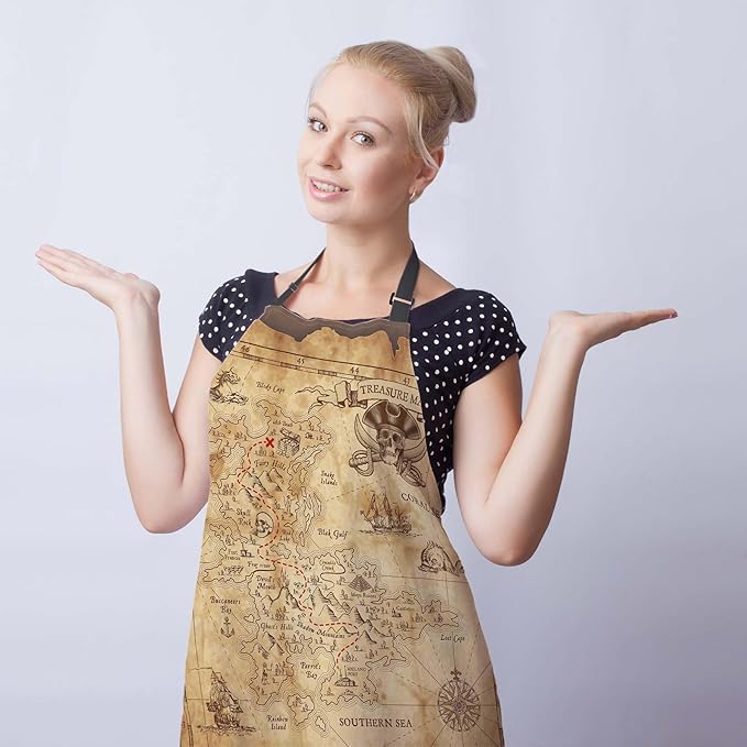 Baking Apron for Women Pirate Treasure Map Fun Aprons for Men for Kitchen Cooking Restaurant BBQ Painting Crafting 27” (W) x 31” (H), Waterproof Aprons