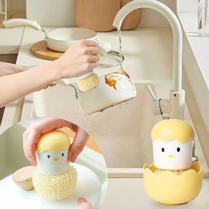 2Pcs Eggshell Chicken Shaped Cleaning Brush with Handle Detachable Fiber Cleaning Ball for Cleaning Kitchen