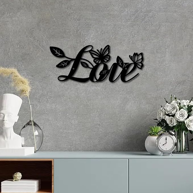 CREATCABIN Love Metal Wall Decor Hanging Letter Signs Iron Black Iron Rustic Love Word Leaves Butterfly Art Decoration Sign Cutout for Valentine's Day Home Office Living Room Walls 11.8 x 4.7 Inch