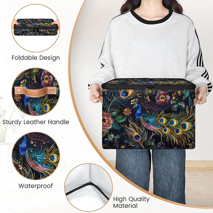 Peacock Animal Bird Feathers Storage Bins With Lids Fabric Collapsible Storage Box with Leather Handles for Home Bedroom Foldable Closet Shelf Organizer