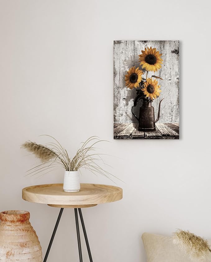 Sunflower Pictures Farmhouse Wall Art: Rustic Sunflower Paintings Canvas Wall Art for Kitchen,Yellow Sunflowers Vintage Poster Hanging Country Wall Decor for Home Living Room Bedroom 10x15 Inches