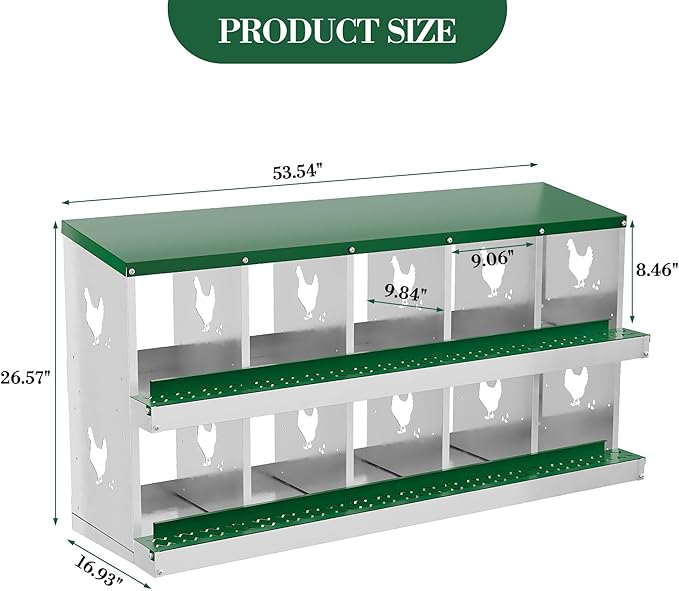 Heavy Duty Galvanized Metal Chicken Nesting Box - Rustproof Egg Laying Box for Hens with Slanted Roof, Rollout Design - Wall Mount or Freestanding Poultry Nest for Chicken Coop (10-Hole)