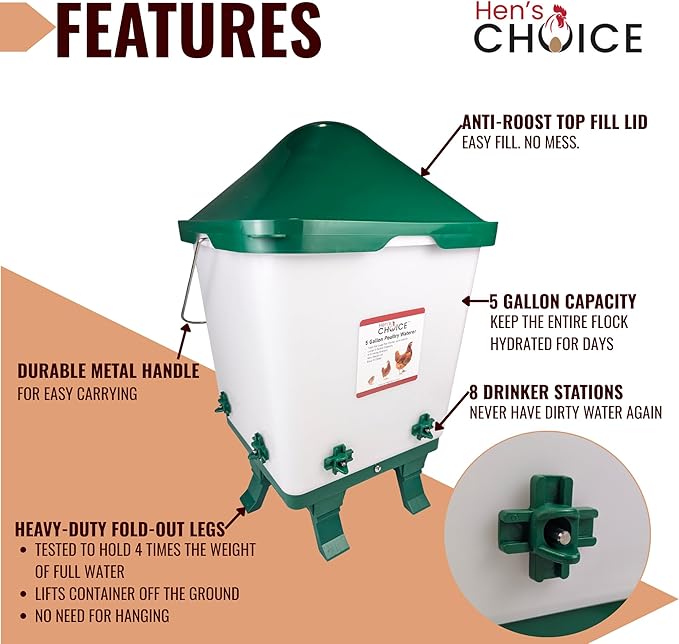 Hen's Choice 5 Gallon Chicken Waterer with 8 Drinker Nipples, Anti-Roost Lid, Top Fill Design, Heavy Duty Legs