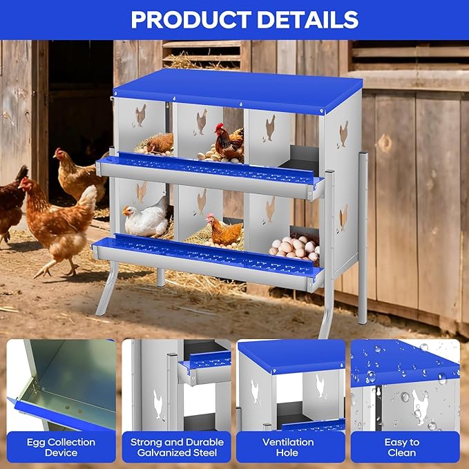 Removable Tray & Two-Tier Build - Chicken Nesting Box for Small Animals - 6 Compartments, Roll Away Metal Egg Laying Box, Large Vented Holes, Wall Mount or with Legs, Easy Clean - Blue, 84.5cm