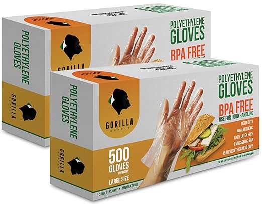 GORILLA SUPPLY 1000 BPA Free Premium Disposable Gloves Poly PE LDPE Plastic for Kitchen Food Handling Food Prep Latex & Powder Free (1000 Count, Large)