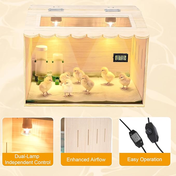 Chicken Brooder Box Kit with Adjustable Temperature Control & Embedded Thermometer - Includes 2 Heating Bulbs, 10 Absorbent Pads, Feeder, Waterer - Brooder Heater for Chicks, Quail