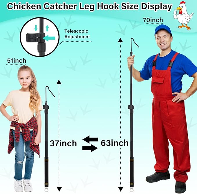 Chicken Catching Net Telescopic,36 to 63 in Chicken Catcher Leg Hook Grabber Tool with Extension Pole Long Handle Animal Catcher Pole Heavy Duty Metal Tube Poultry Hook Fowl Catcher Sturdy
