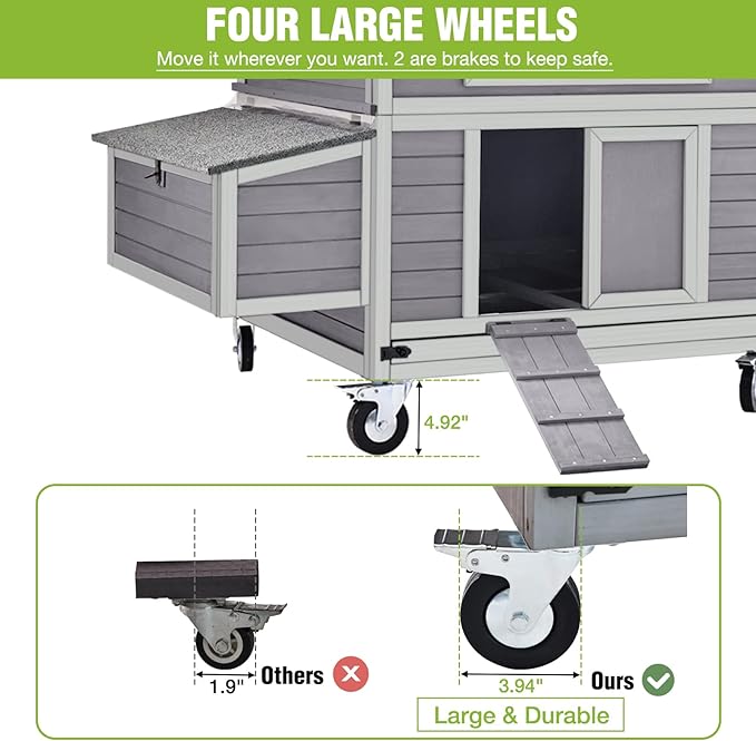 GUTINNEEN Large Chicken Coop on Wheels Mobile Wooden Hen House Weatherproof Duck Poultry Cage 67.3" L for 6-8 Chickens with 6 Nesting Box