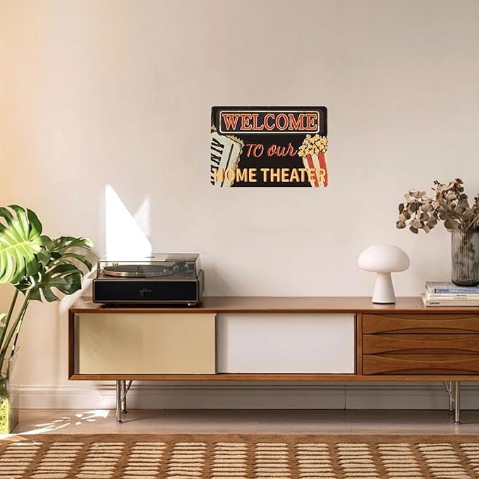 Vintage Movie Theater Tin Sign Welcome To Our Home Theater Metal Sign for Home Cafe Bar Media Room Bedroom 12×8 Inch