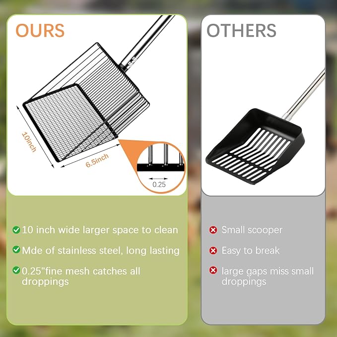 12" Metal Chicken Poop Scooper Rake for Sand with 24 to 68" Handle, Adjustable Chicken Poop Scooper for Poop, Wide 10”Poop Shovel Cleaning Tools, Heavy Duty Sifting Shovel (Black)