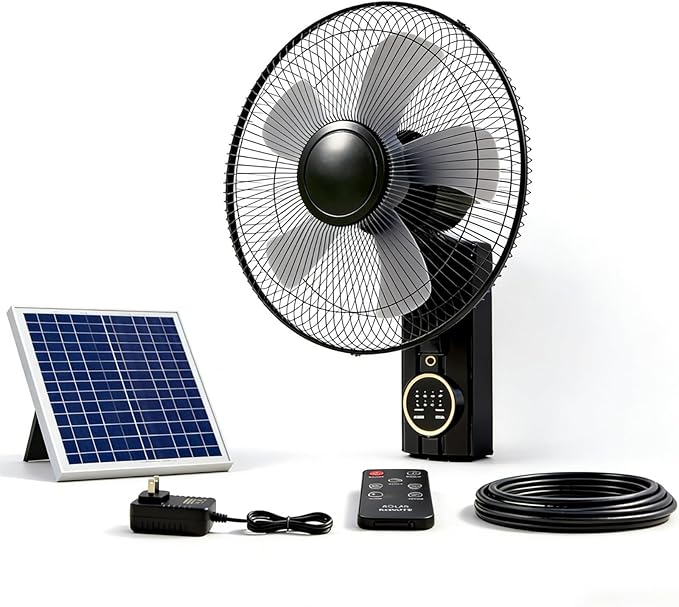 Rechargeable Outdoor Solar with Remote Control, 16" Wall Mounted Fans Oscillating Indoor with Remote Control, Solar Exhaust Fan for Chicken Coop, 3 Speeds, Timer, Adjustable Tilt