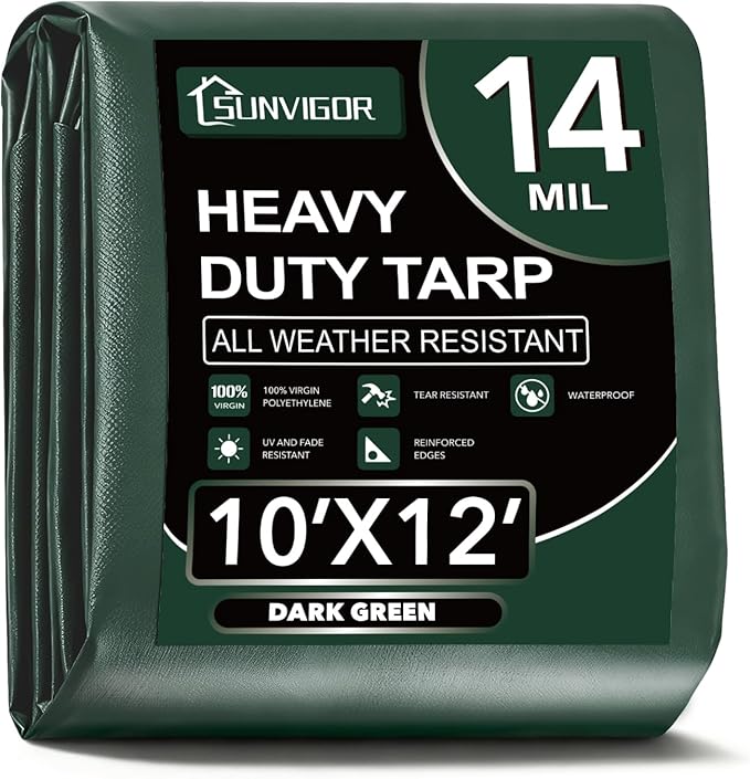 Sunvigor Tarp Waterproof 10x12Ft, Extra Thick 14 Mil Heavy Duty Tarp Cover, Tear & Fade Resistant, Outdoor Tarps with Brass Grommets and Reinforced Edges for Roof, Camping, Patio, Boat (Green)