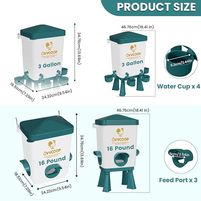 Automatic Chicken Feeder and Waterer Set, Poultry Feeding Equipment for Duck Turkey, Chicken Coop Accessories, Standing/Hanging Use, 3 Gallon Set, Blue