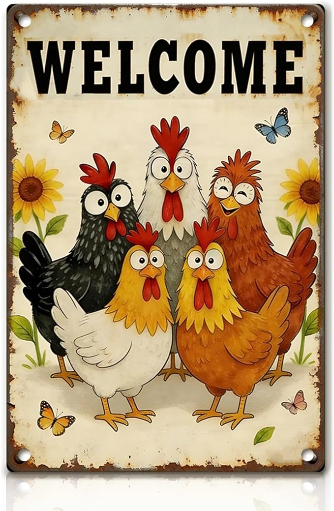 Funny Chicken Signs - Vintage Chicken Coop Sign Metal Welcome Tin Signs For Chicken Lovers Gifts Outdoor Home Farm Wall Art Decor 8x12 Inch