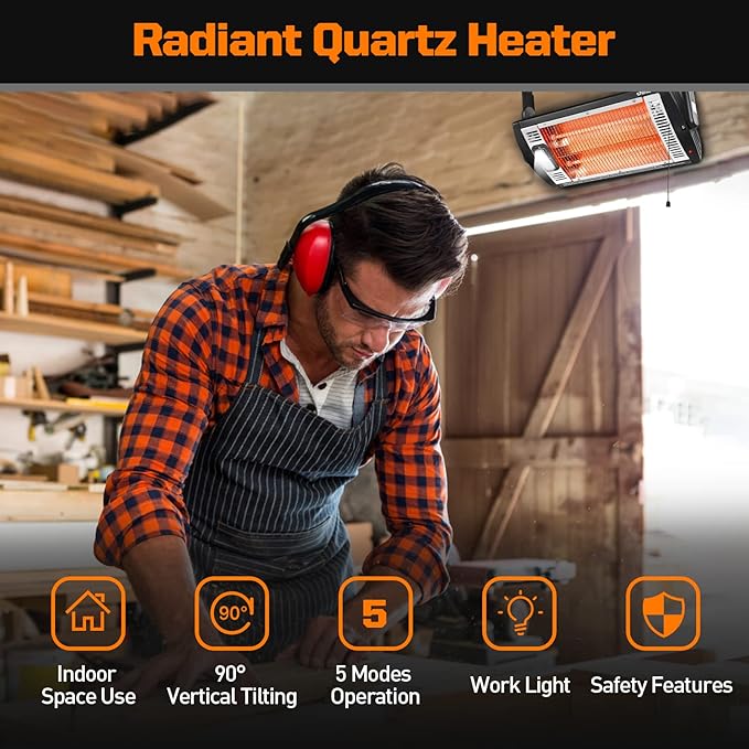 Shinic 2 Packs Electric Garage Heaters, 1500W/750W Ceiling Mounted Heater Radiant Heaters with Halogen Light, 90 Degree Rotation, 5 Mode Settings, Space Heater for Garage, Shop, Large Room and Patio