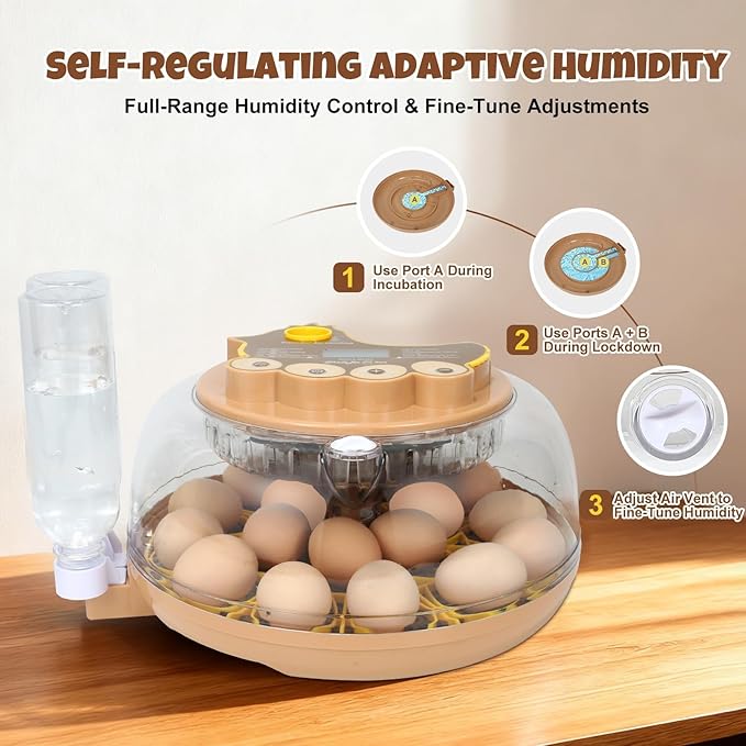 Series III - 18 Egg Automatic Incubator with Smart Dual-Bottle Adaptive Humidity & Stable Temp Control, Adjustable Auto Egg Turn, Auto Lockdown, Customizable Incubation Days, Candler, Full Display