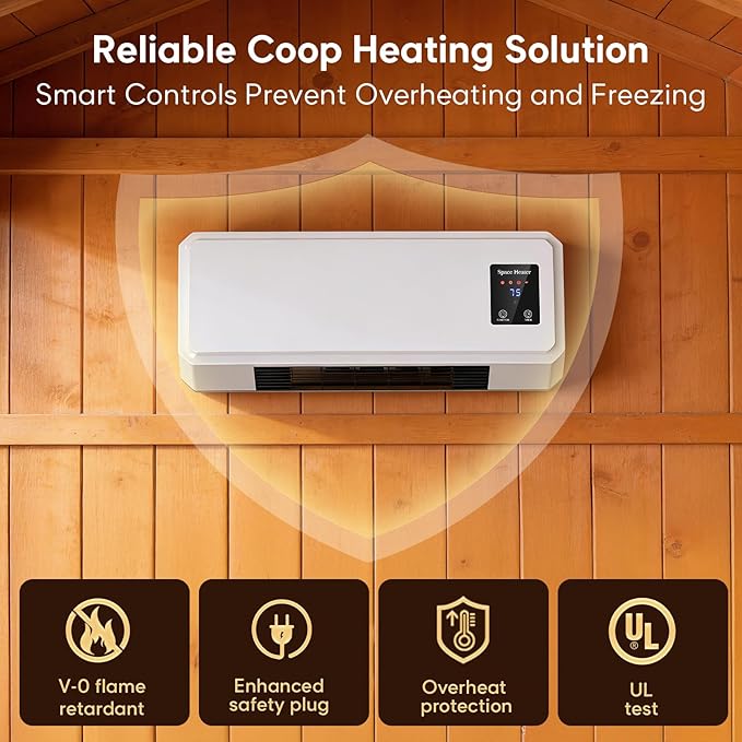 1500W Chicken Coop Heater for Winter, 2 Mode Wall-Mounted Chicken Coop Heater with Thermostat, Timer & Remote Control, 3S Fast Heating & LCD Display, Heat Warmer for Chickens, Ducks, Geese in Winter