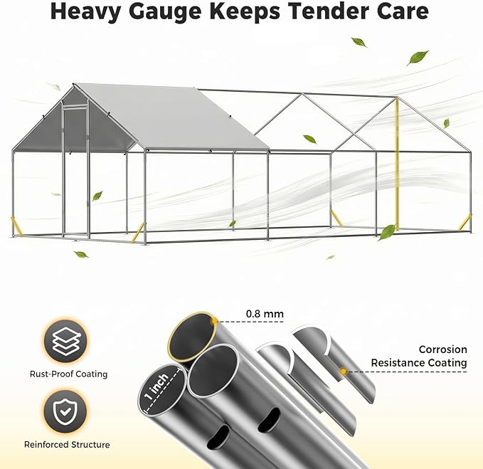 Metal Chicken Coop with Run, 19.7x9.8x6.6ft, Walk-in Chicken Run for Yard with Cover, Upgrade Double Lock & Rust-Proof Mesh, Stainless Steel Ties, Easy Assembly, Chicken Pen for Ducks, Rabbits