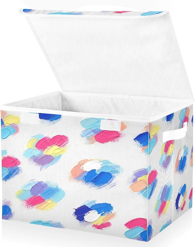 Colorful Brushstroke Pattern Storage Bins with Lids Foldable Storage Basket with Handles Collapsible Large Fabric Organizer Containers for Clothes Shelves Closet Office Home