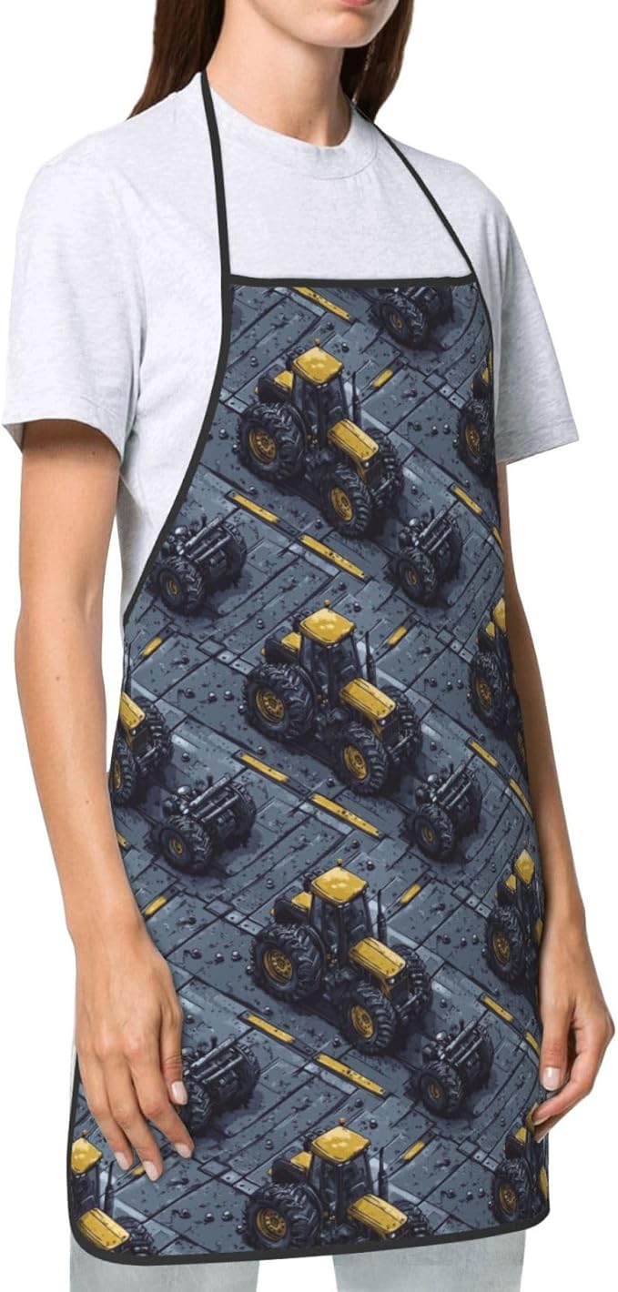 Chef Aprons for Men and Women - Classic Yellow Tractor Print Oil-Resistant Bib Aprons for Cooking or Kitchen BBQ Grilling