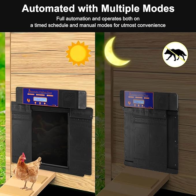 Automatic Chicken Coop Door Opener, Solar Battery Powered with LED Display, Timer Function, Double Doors Electric for Chickens, Ducks, Geese, Easy to Set Opening and Closing Time (Black)