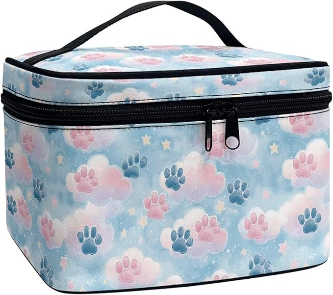 Travel Makeup Bags for Women Portable Tote Cosmetic Case with Carry Handle Toiletry Accessories Storage Organizer Bags for Valentine's Day, Cute Paws Blue