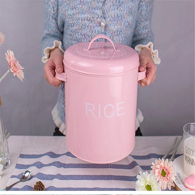 Rice Storage Container Metal Plate Rice Bucket Household Flour Bucket Rice Pot Cute Pink Storage Pot Kitchen Utensils Tools Rice Storage Container for Kitchen (Color : Pink, Size : 21.5x24cm)
