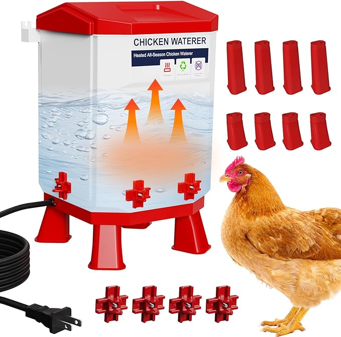 Heated Chicken Waterer, 2 Gallon Thermostatic Poultry Drinker with 4 Nipples, Outdoor Winter Water Heater with Leg Base for Chickens, Ducks, Geese, Turkeys, Anti-Freeze Automatic Watering System