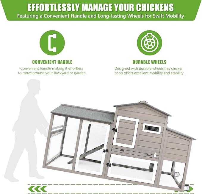 PetsCosset 136" Chicken Coop with Wheels, Backyard Wooden Hen House Outdoor for 1-6 Chickens, 2 Story Poultry Cage Chicken Coop and Run, Nesting Box, Pull Out Trays, Set of Two, (Grey)