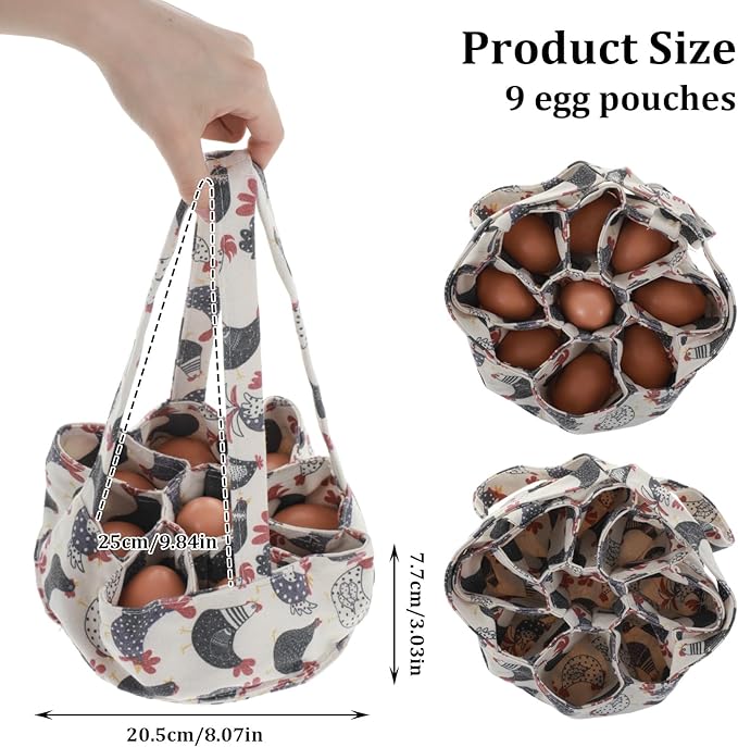 2Pcs Egg Collection Basket, Egg Bags, Portable Eggs Carrier, Eggs Gathering Basket with 9 Pouches for Home Garden Farm Use