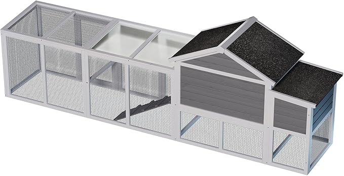 Large Wooden Chicken Coop Outdoor Hen House with Run, Waterproof Roof & Nesting Box, Secure Lock, Removable Tray, Ramp & Perch for 2–4 Chickens or Small Pets (Gray, 113.5")