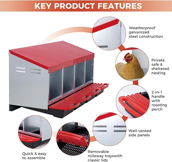 Chicken Nesting Boxes, Metal Rollaway Chicken Nest Box with Rollout Egg Collection, Removable Tray & Nesting Pads, Egg Laying Box for Chicken Coop Hens, Wall Mount or Standing, 4 Compartments, Red