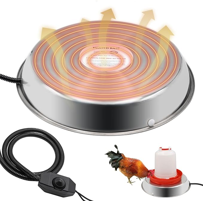 Chicken Waterer Heater,14 Inch Heated Chicken Waterer Base for Winter 5 Gallon with Anti-bite Cable for Poultry Fountains Water Bowl Plastic Metal Waterer