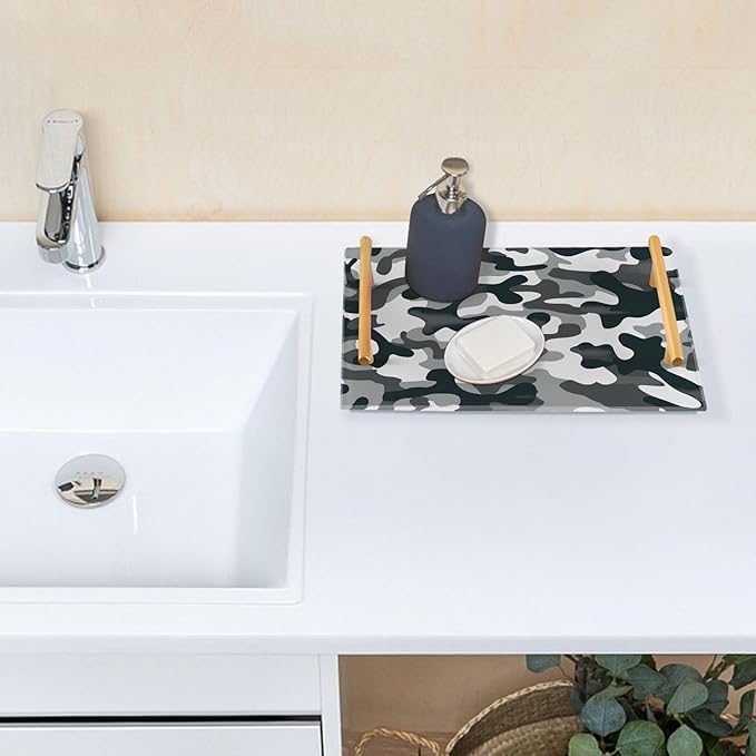 Bathroom Vanity Tray Counter Organizer, Camouflage Black White Pattern Decorative Tray with Handles Countertop Storage for Bathroom Bedroom Kitchen Home Farmhouse