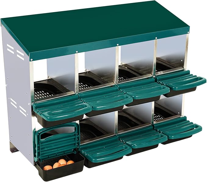 Chicken Nesting Box, 2-Tier Chicken Egg Laying, 8 Compartments Chicken Laying Box for Hens, 8 Room Metal Nesting Boxes for Chicken, Roll Away Nest Box with Lid Cover to Protect Eggs,8 Holes Green