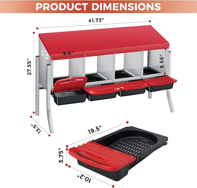 4-Hole Chicken Nesting Box, Roll Away Nest with Removable Tray, Easy Egg Collection & Cleaning, Wall-Mount Nesting Boxes for Hens, Chicken Coop - Red